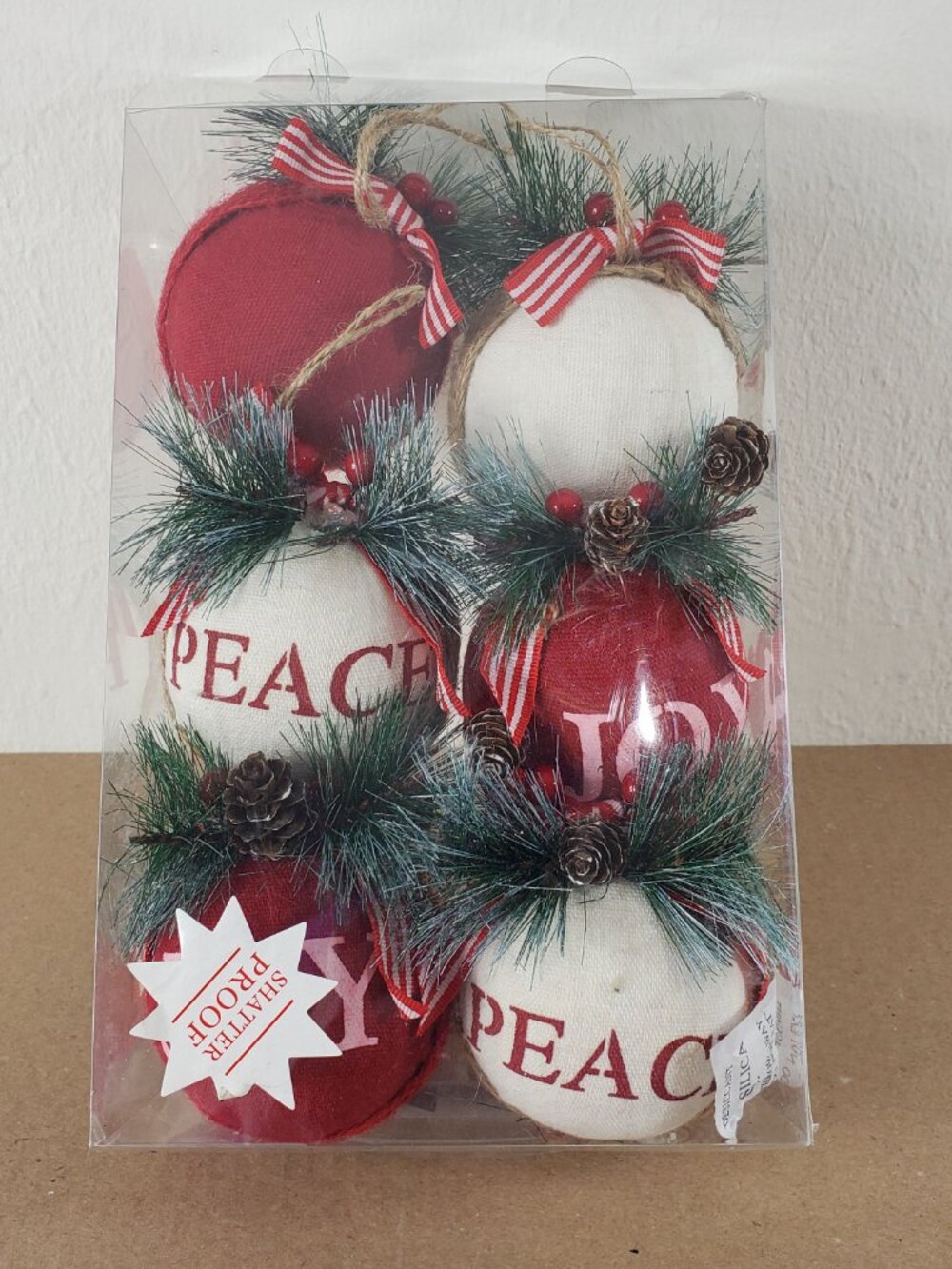 6-Pack Joy & Peace Red White Burlap Pinecone Christmas Holiday Ornaments